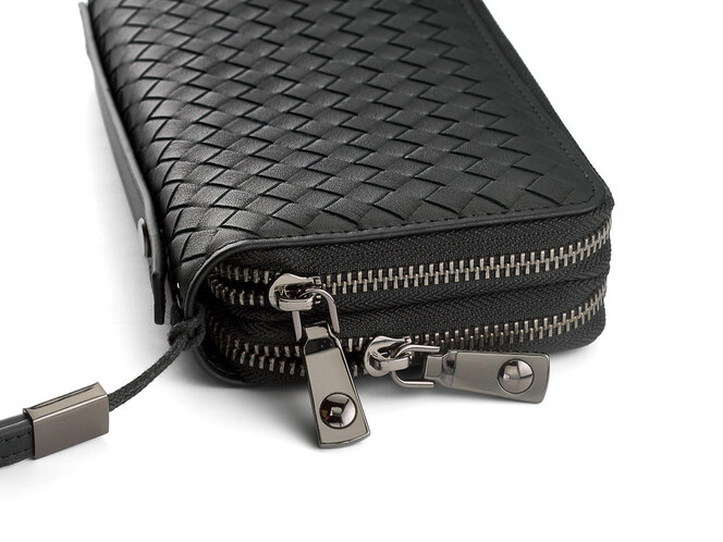 Мужской клатч – кошелек из натуральной плетеной кожи на две молнии LeGRAND collection 162-M31 чёрный, фото , изображение 6